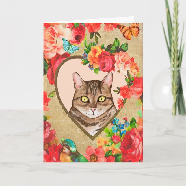 Cartão Valentine Feminino com um Gato em uma Moldura de C (Frente)