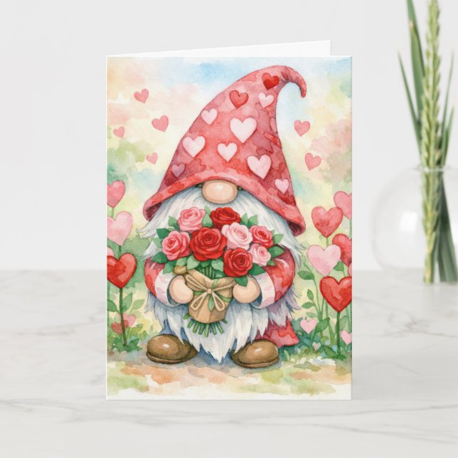 Cartão Valentine Gnome with Red Roses (Frente)