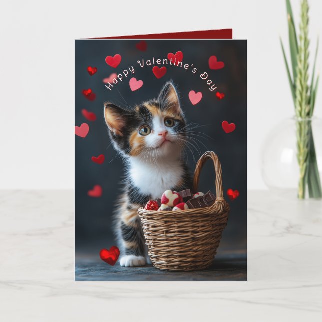Cartão Valentine's Calico Kitten Chocolates Red Hearts  (Frente)