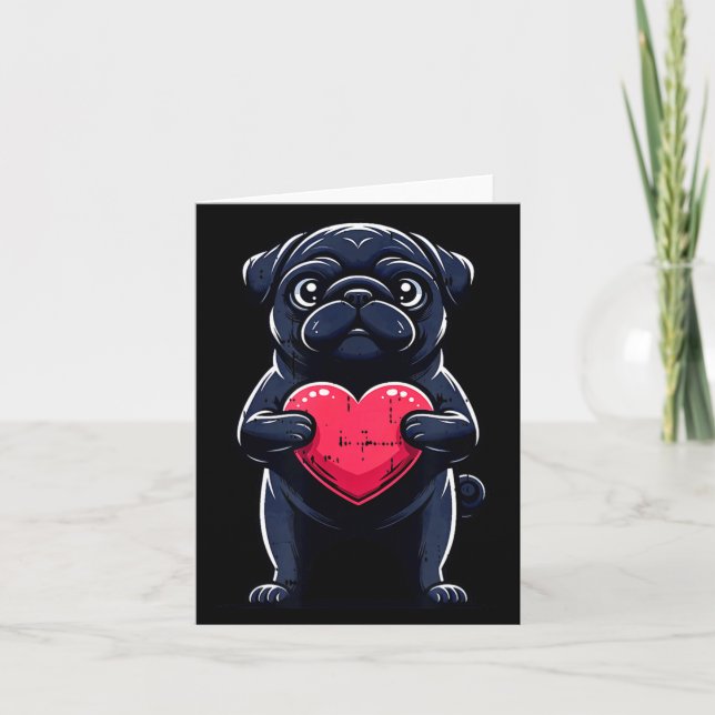 Cartão Valentines Day Black Pug Heart Funny Dog Mom Dad F (Frente)