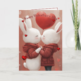 Cartão Valentine's Day Card Kissing Bunnies Red Hearts