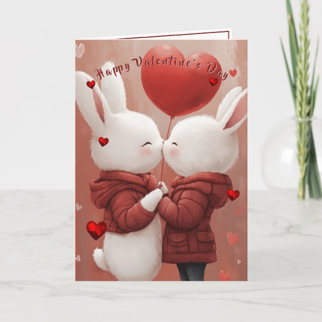 Cartão Valentine's Day Card Kissing Bunnies Red Hearts (Frente)