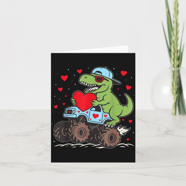 Cartão Valentines Day T Rex Riding Monster Truck Funny To (Frente)