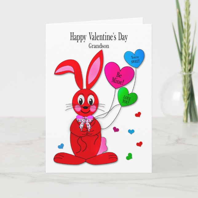 Cartão Valentines  Grandson Red Bunny Heart Balloons Card (Frente)