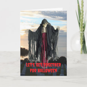 Cartão Vamos nos reunir no Halloween.
