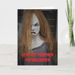 Cartão Vamos nos reunir no Halloween.
