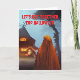 Cartão Vamos nos reunir no Halloween.