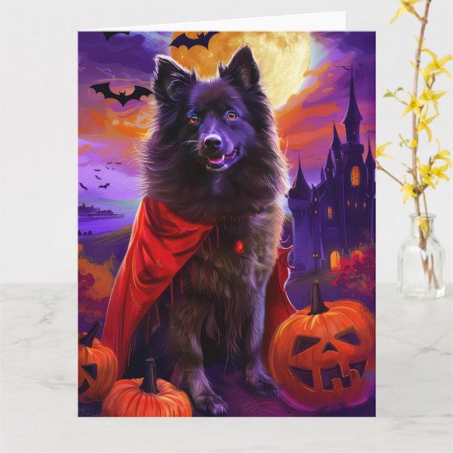 Cartão Vampiro de Halloween Keeshond Pumpkins assustado (Flor Amarela)