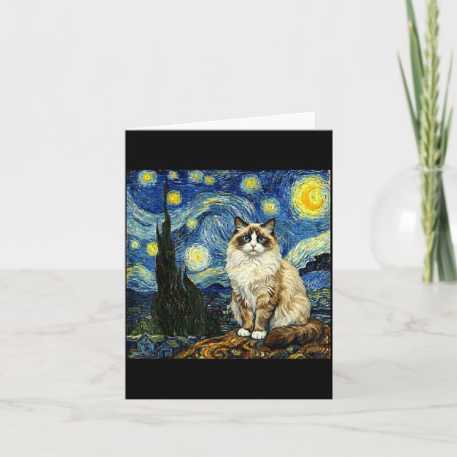 Cartão Van Gogh Art Starry Night - Funny Ragdoll Cat Arti (Frente)