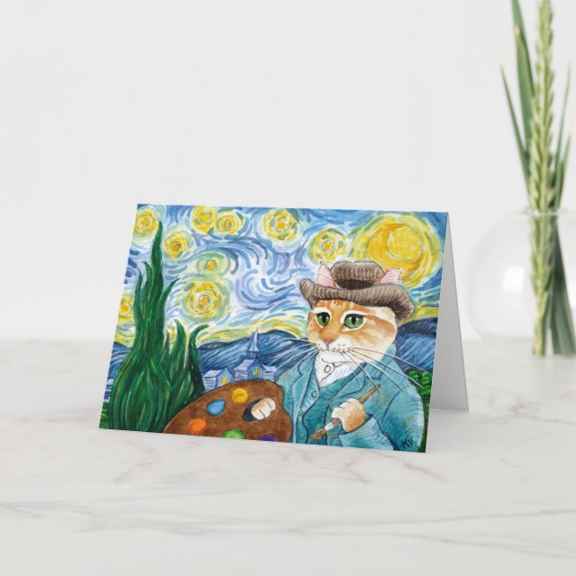 Cartão Van Gogh Cat, Starry Night spoof (Frente)