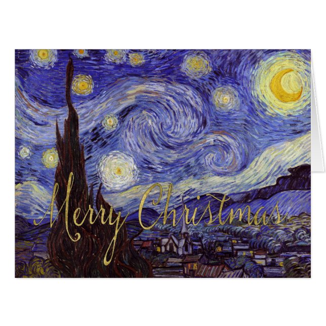 Cartão Van Gogh Starry Night Faux Gold Foil Art Natal (Frente horizontal)