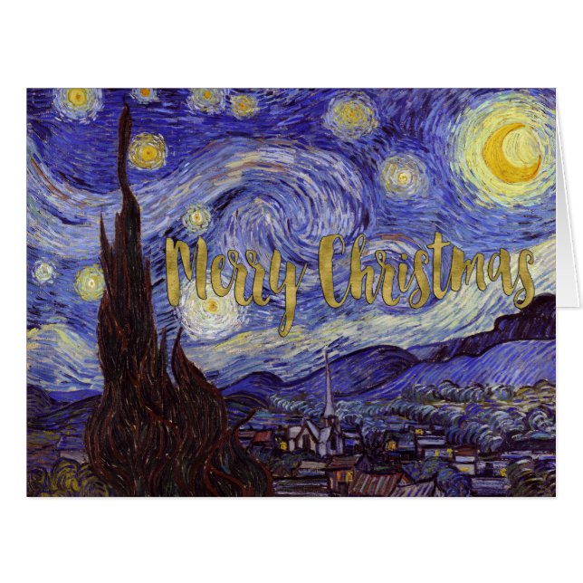Cartão Van Gogh Starry Night Merry Christmas Gold Art (Frente horizontal)