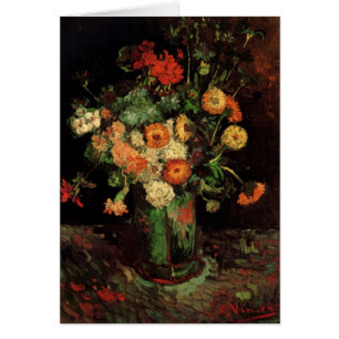 Cartão Van Gogh Vase com Zinnias e Flores de Gerânio