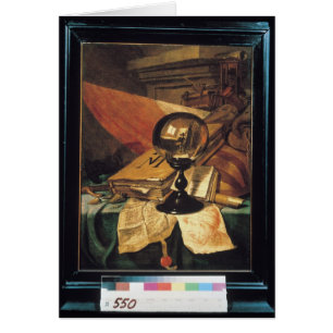 Cartão Vanitas com uma bola de cristal