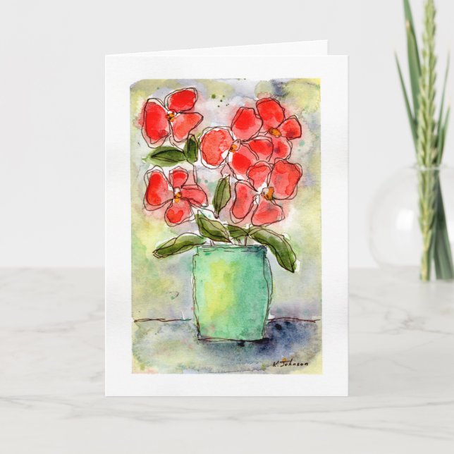 Cartão Vase and Flowers Watercolor Greeting Card (Frente)