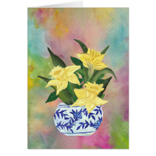 Cartão Vaso azul e branco com daffodils