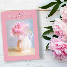 Cartão Vaso Branco de Peônia Rosa de Aniversário Vintage