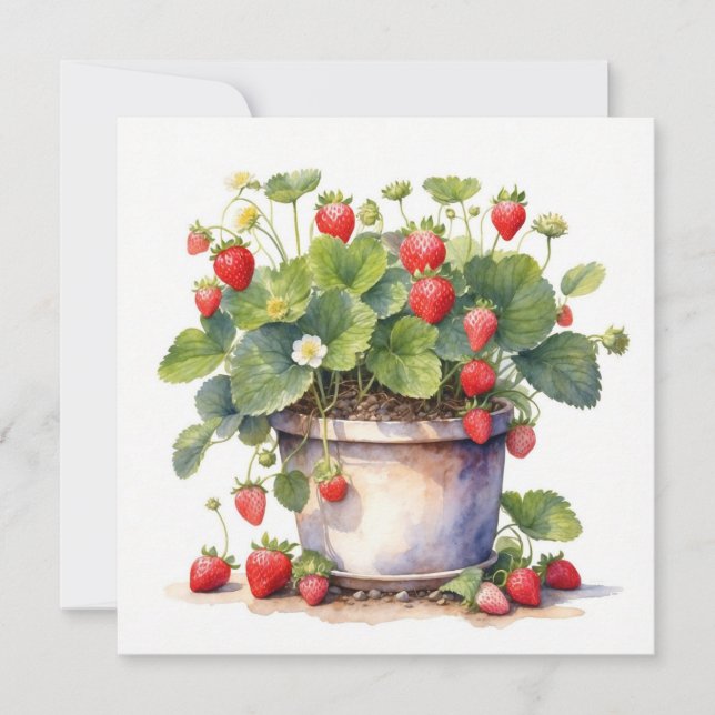 Cartão Vaso de aquarela com plantas de morango (Frente)