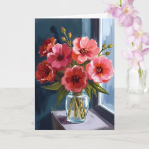 Cartão Vaso de Buquê de Flores Vermelhas Pintura em Aquar