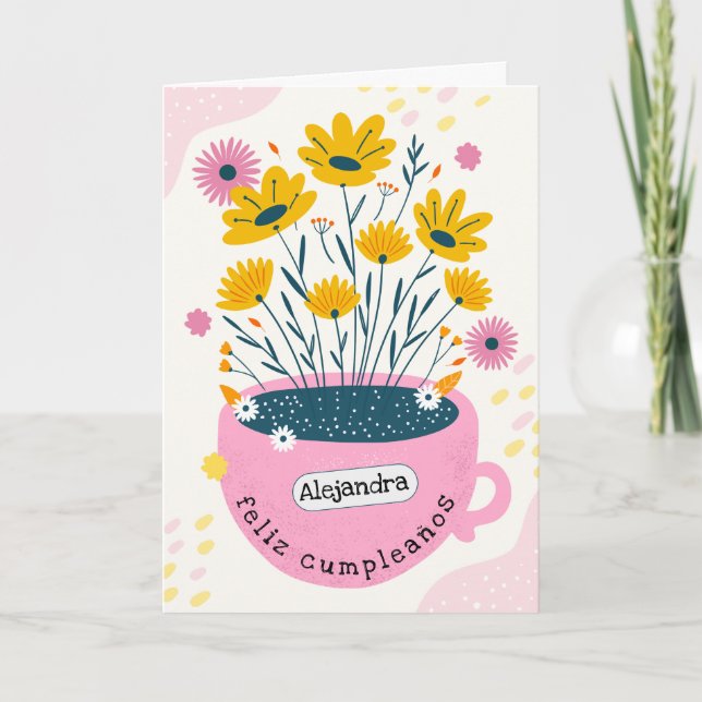 Cartão Vaso de Café Cor-de-Rosa Bonito Espanhol para Plan (Frente)