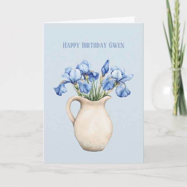 Cartão Vaso de Creme Flores de Íris Roxa Aniversário (Frente)