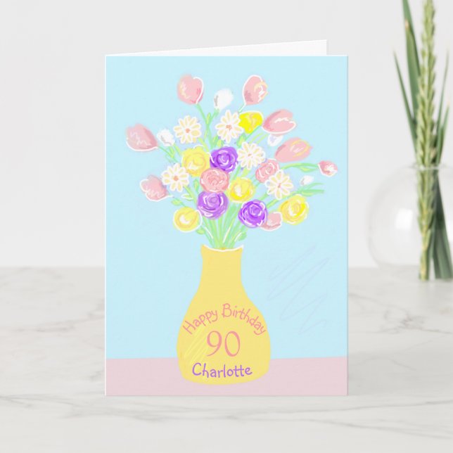 Cartão vaso de flores rosa e roxo de 90 anos (Frente)