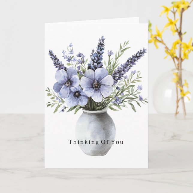 Cartão Vaso de Flores Roxas Lavanda Pensando em Você (Flor Amarela)