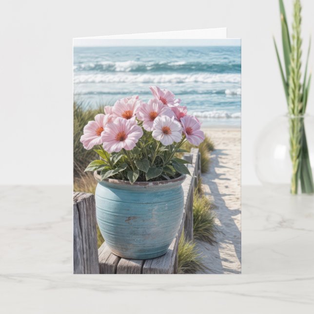 Cartão Vaso de Praia com Petúnias Rosa (Frente)