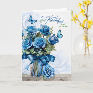 Cartão Vaso de Rosas Azuis para Aniversário do Parceiro d