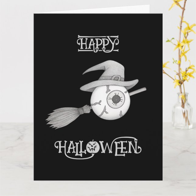 Cartão Vassoura-de-bruxa do Halloween e bola de olho assu (Flor Amarela)