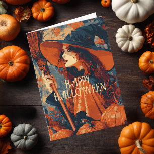 Cartão Vassoura de Bruxa Vintage Abóbora Halloween Elegan