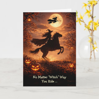 Cartão Vassouras de Bruxas de Halloween e Cavalo Lua Chei