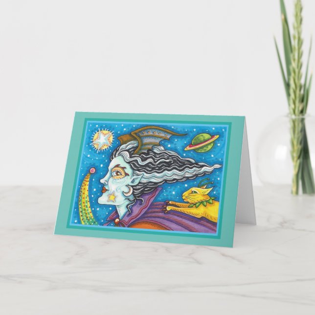 CARTÃO VAZIO SCI FI SPACE WITCH & COMET CAT HALLOWEEN (Frente)