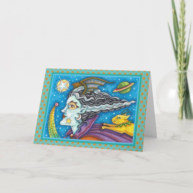 CARTÃO VAZIO SCI FI SPACE WITCH & COMET CAT HALLOWEEN (Frente)