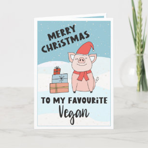 Cartão Vegan feliz Natal com leitão e presentes bonitos