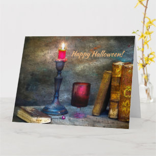 Cartão Vela Vermelha Vintage Feliz Halloween & Livros Ant