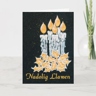Cartão Velas de Natal e Holly, saudação galesa
