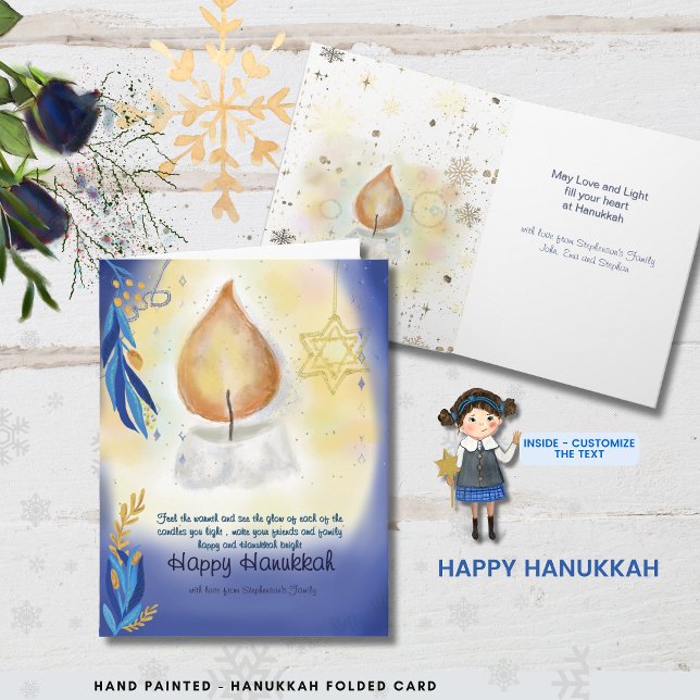 Cartão Velas leves Aquarela Feliz Hanukkah (Light Candles Watercolor Happy Hanukkah Card)