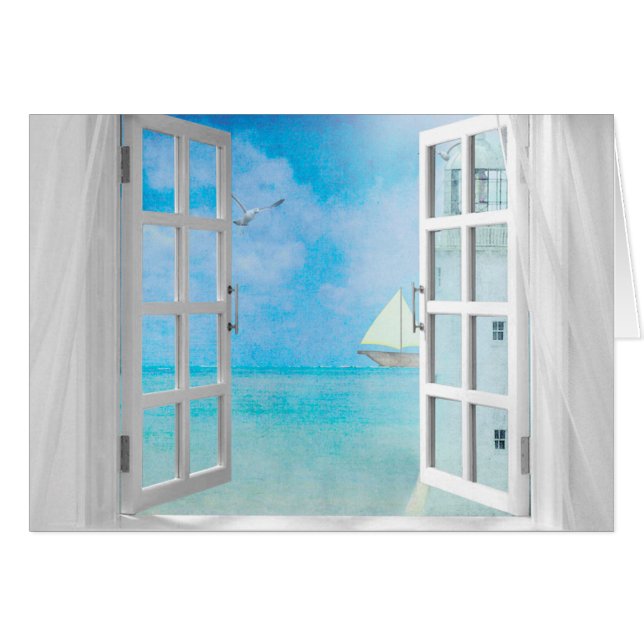 Cartão veleiro e farol na janela para o Dia do Nome (Frente Horizontal)