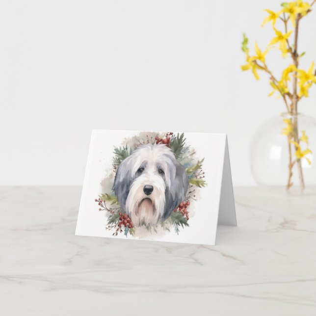 Cartão Velha Inglês Sheepdog Christmas Wreath Festivo Pup (Flor Amarela)