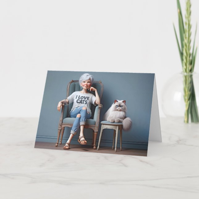 Cartão Velha Senhora Com Eu Adoro Camiseta De Gatos (Frente)