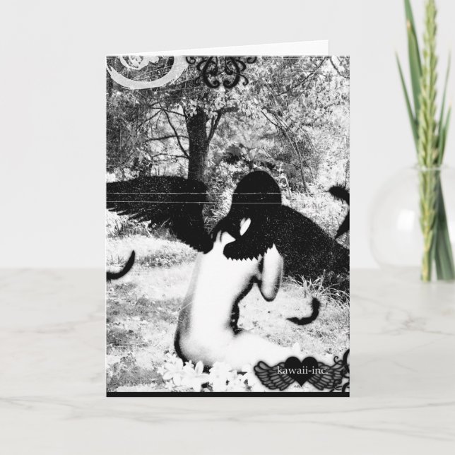 Cartão Ver do anjo do vintage. Preto & branco (Frente)