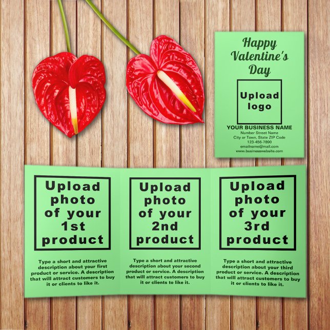 Cartão verde claro para o Namorados comercial (Light green Valentine trifold card with your business brand and products or services on table.)
