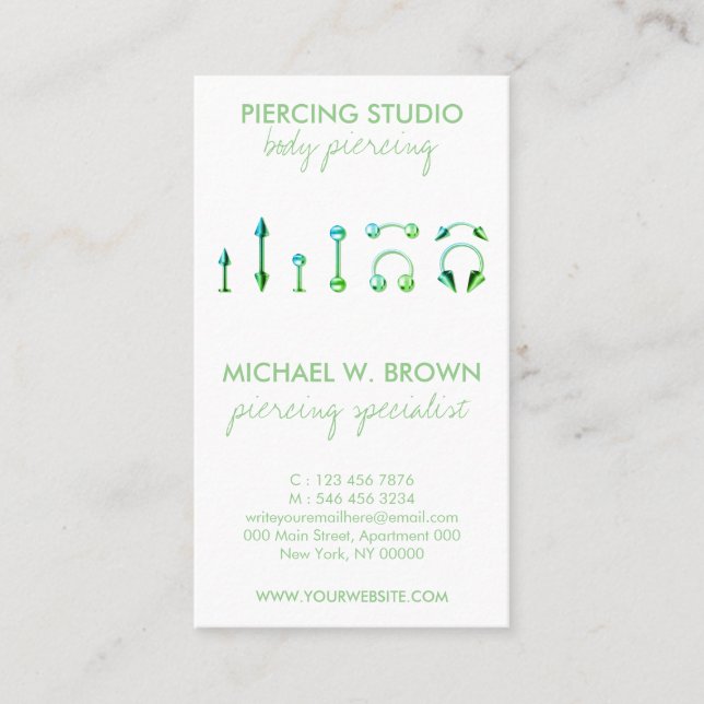 Cartão Verde de Cuidados para Piercing de Joias Co (Frente)