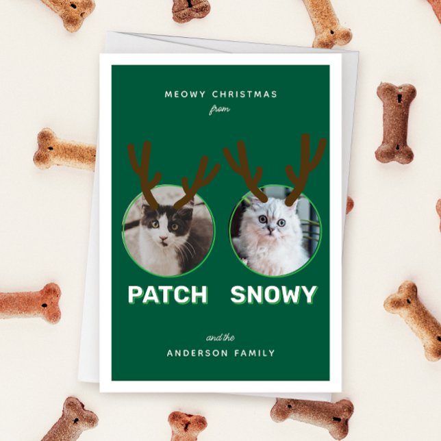 Cartão verde de férias de Natal com imagens de 2 p (Green two photo pet Christmas holiday card with message "Howly Holidays" with two sets of antlers)
