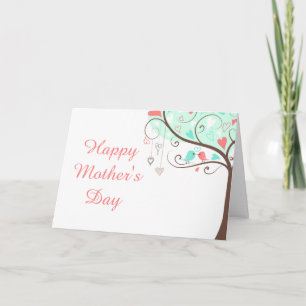 Cartão Verde e Coral Floral Pássaro Dia das Mães