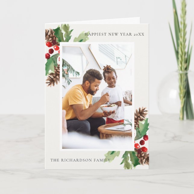 CARTÃO VERDE VERDE HOLLY BERRY PINE CONE ANO NOVO FOTO (Frente)