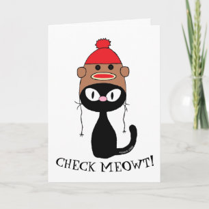 Cartão Verifique Meowt! Gato Preto com Chapéu de Macaco d