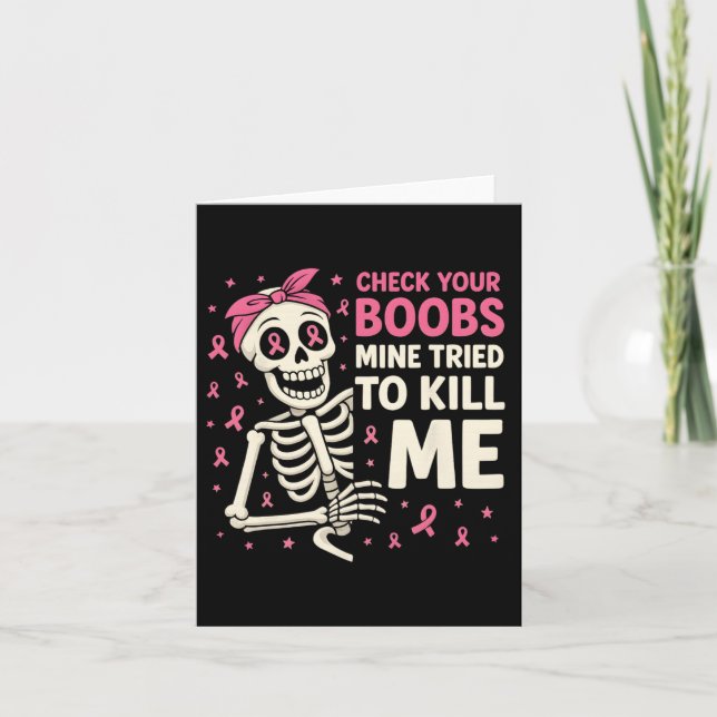 Cartão Verifique o Seu Seio de Halloween Laço Rosa Mulher (Frente)