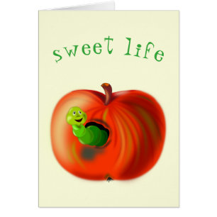 Cartão Verme Feliz Em Red Apple Sweet Life Card Divertido
